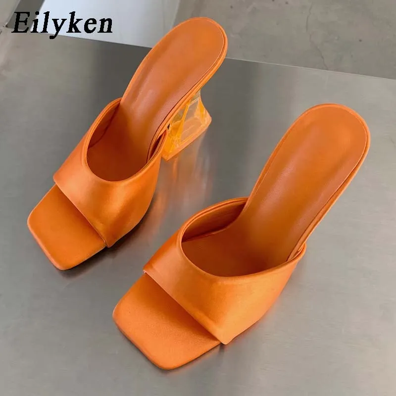 Amozae- 2024 New Silk Green Women's Strange Style Transparent High Heels Slippers Square toe Female Sandalias de mujer