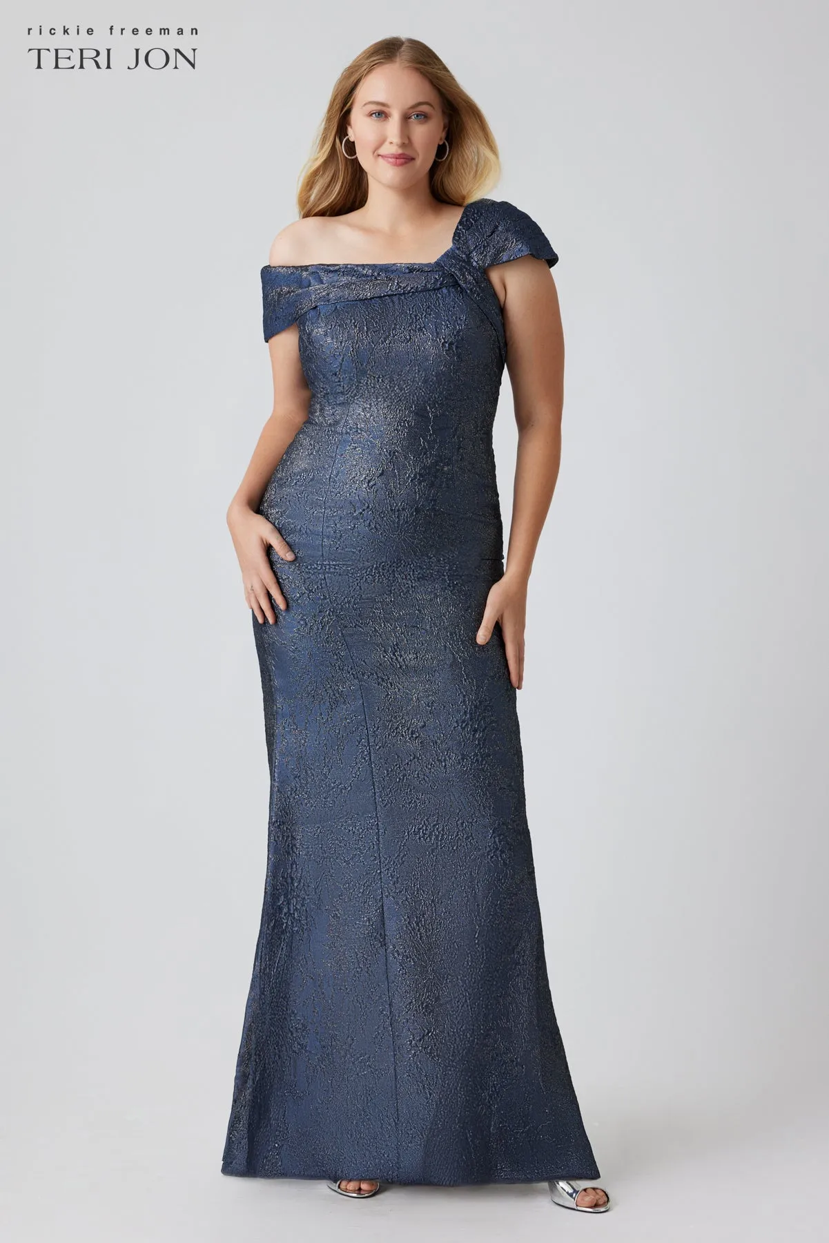 Asymmetrical Portrait Jacquard Evening Gown