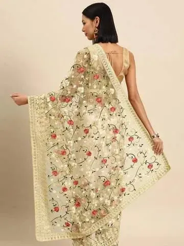Beige Embroidered Net Saree