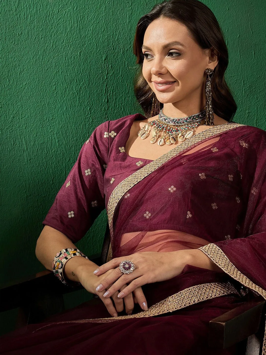 Burgundy Embroidered Sarees