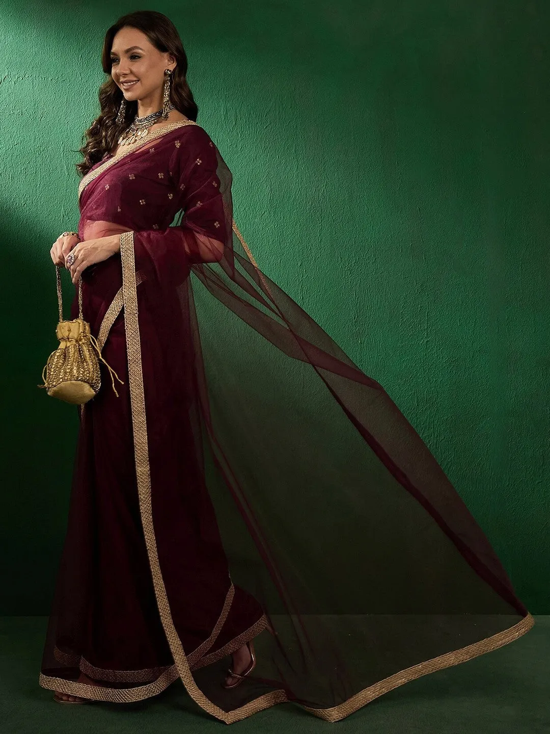 Burgundy Embroidered Sarees