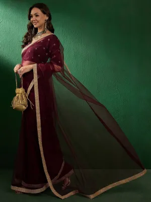 Burgundy Embroidered Sarees