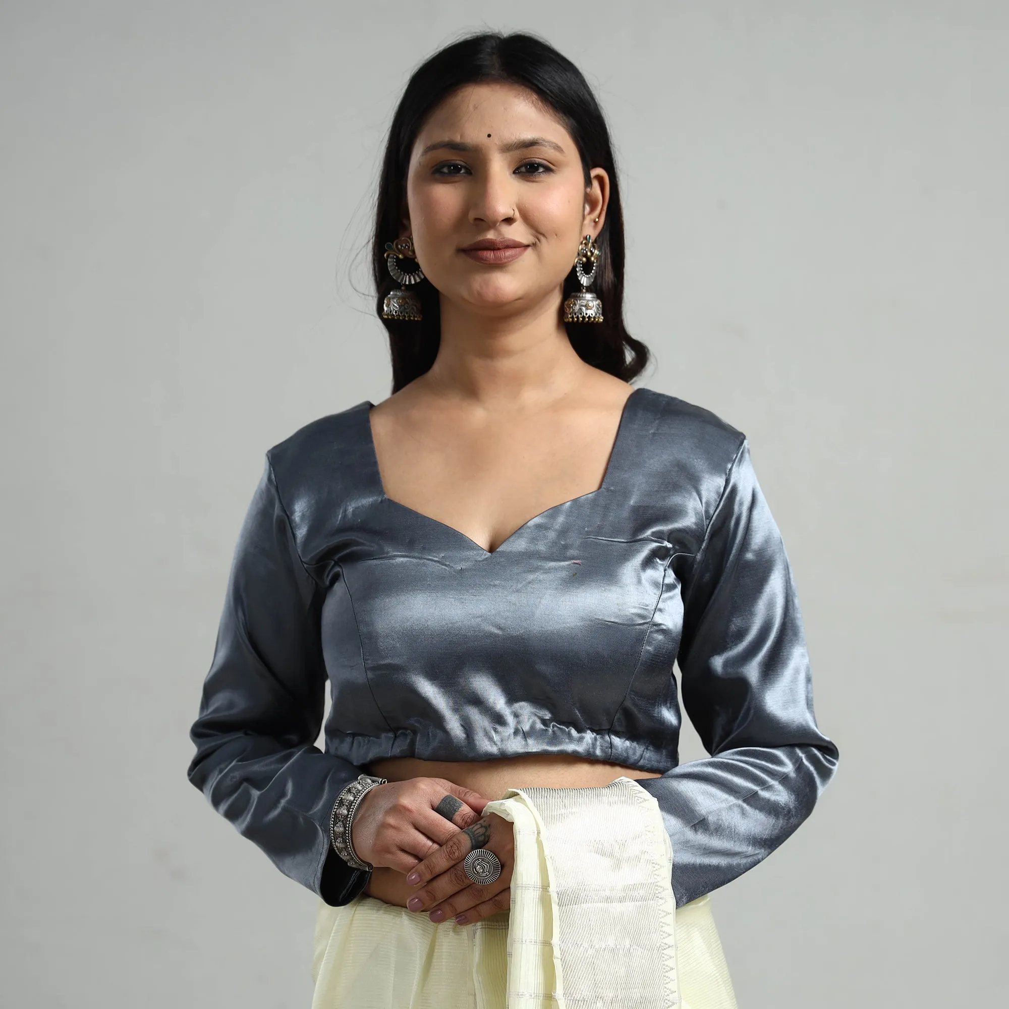 Dark Grey - Mashru Silk Plain Stitched Blouse