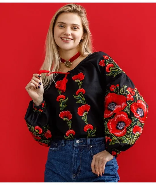 Female embroidered blouse with poppies