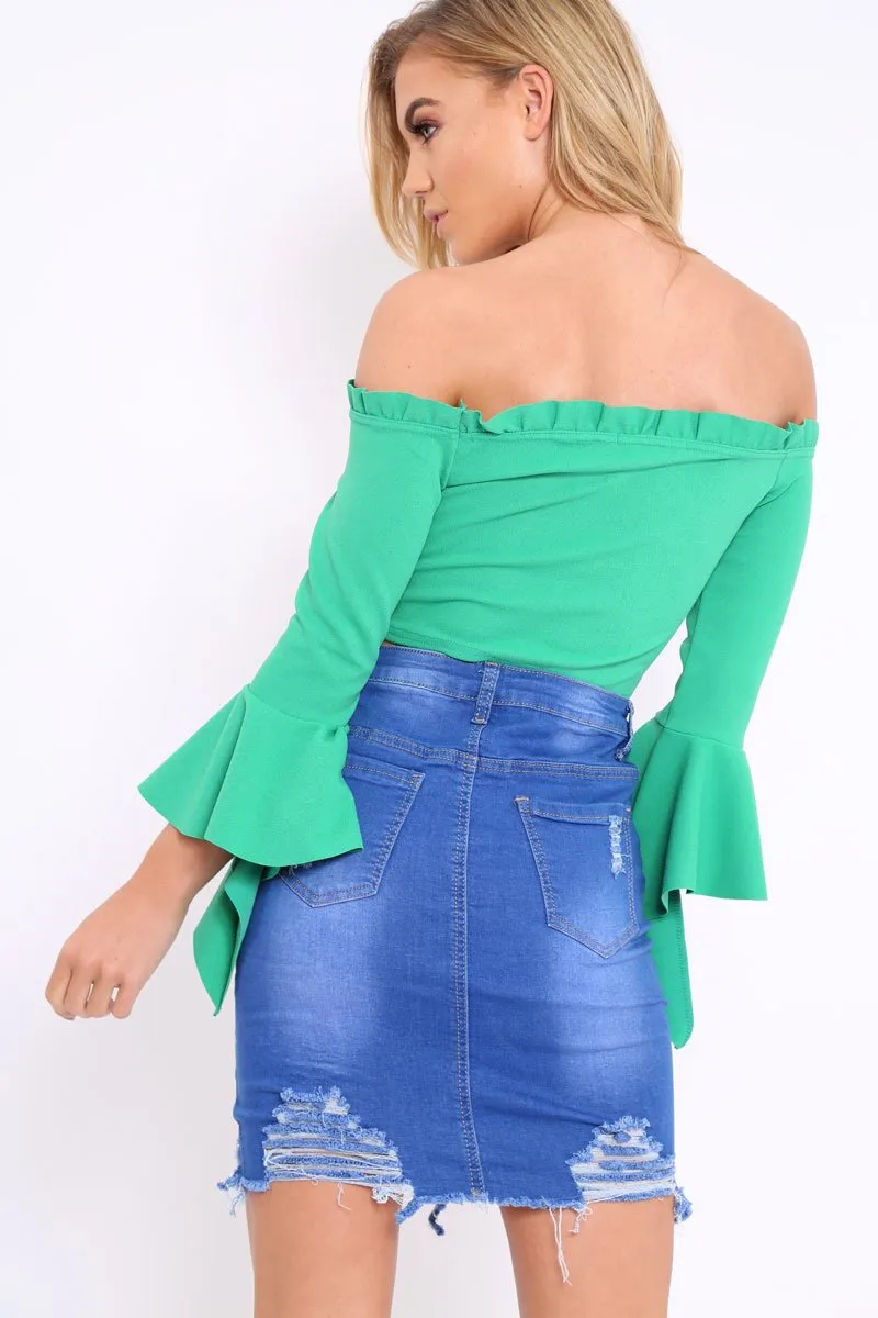Green Bardot Frill Crop Top with Flared Sleeves - Tiffy
