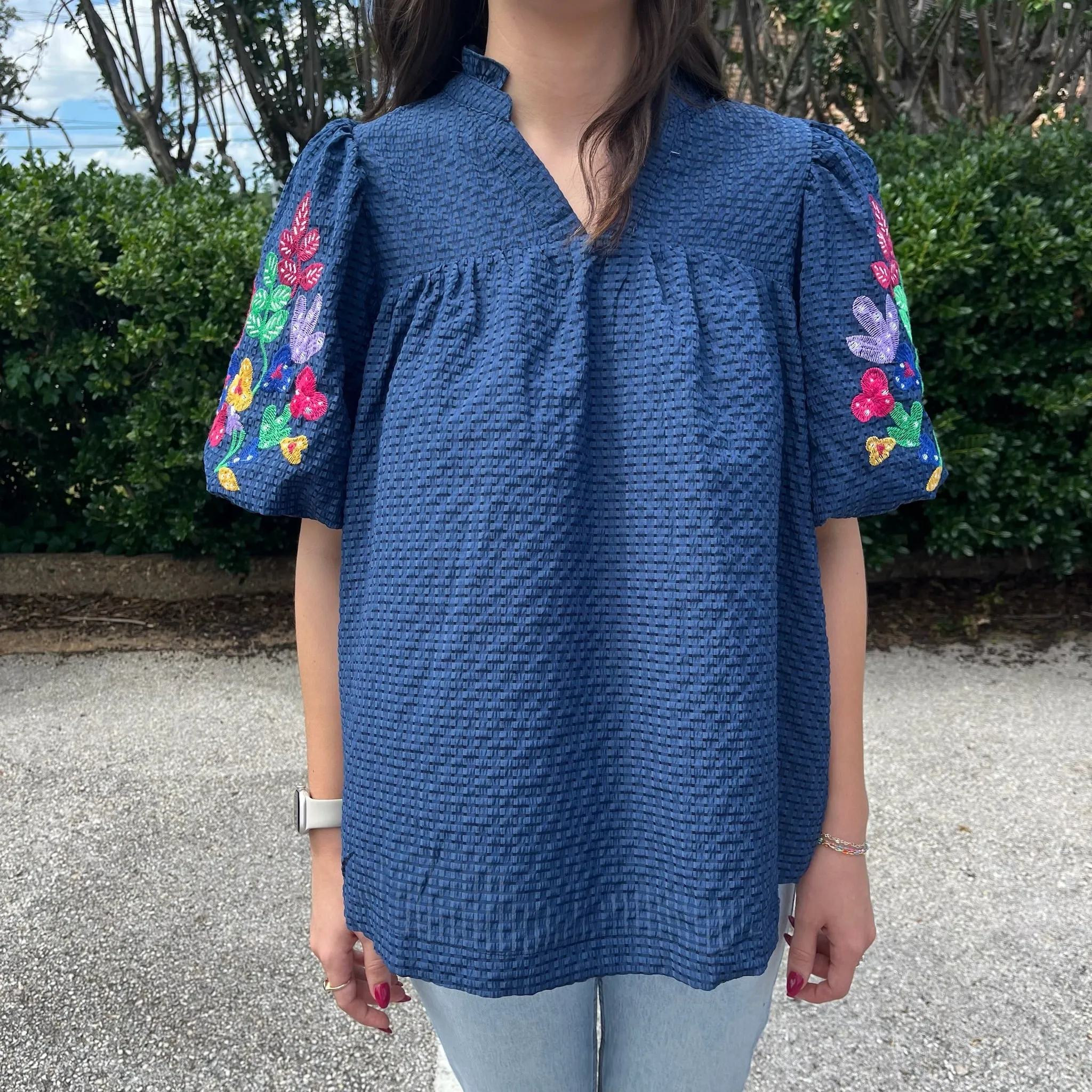 Ocean Floral Blouse- Navy