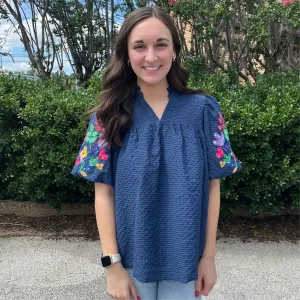 Ocean Floral Blouse- Navy