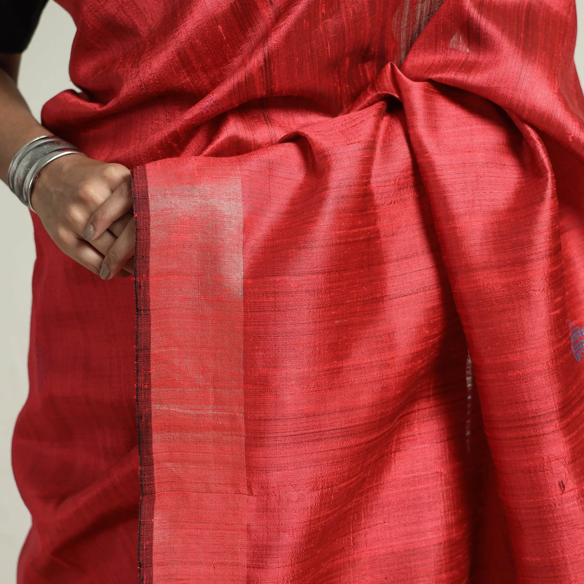 Red - Bhagalpuri Pure Desi Tussar Silk Handloom Saree with Zari Border