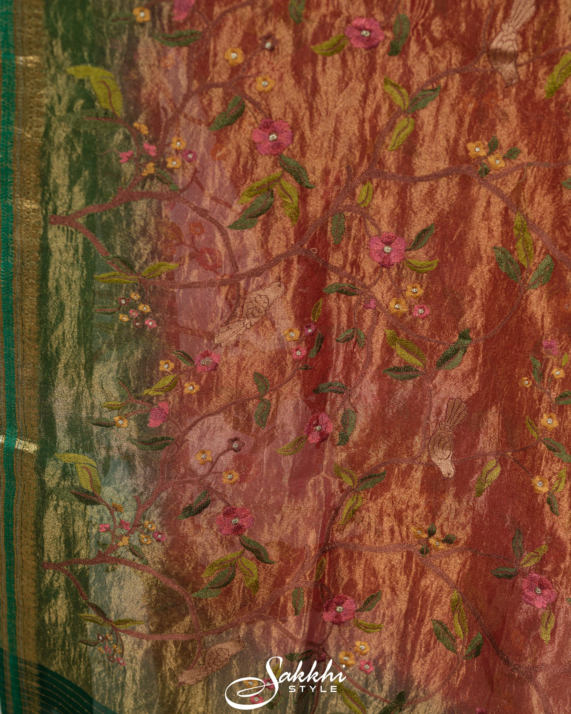 SCARLET TISSUE EMBROIDERED SAREE