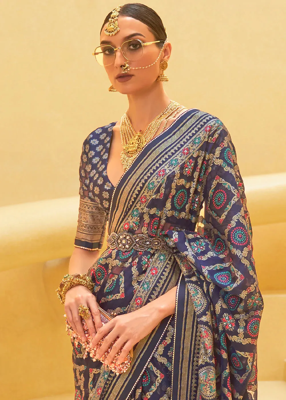 Space Blue Zari Woven Brasso Organza Silk Saree