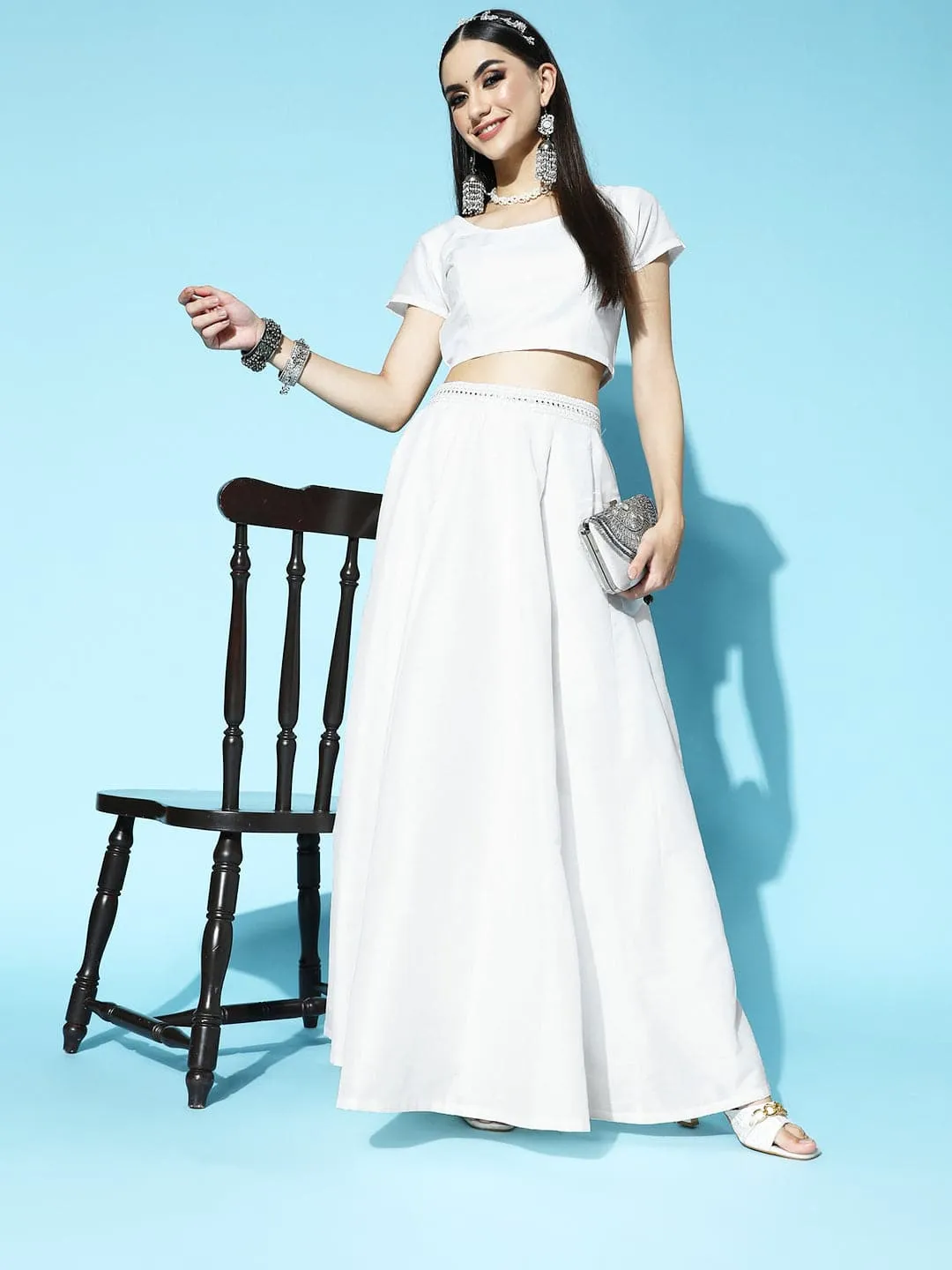 Women White Mirror Embroidered Waistband Anarkali Skirt
